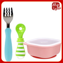 日本爱迪生妈妈餐具不锈钢叉子勺子4件套硅胶餐盘餐具吸盘碗