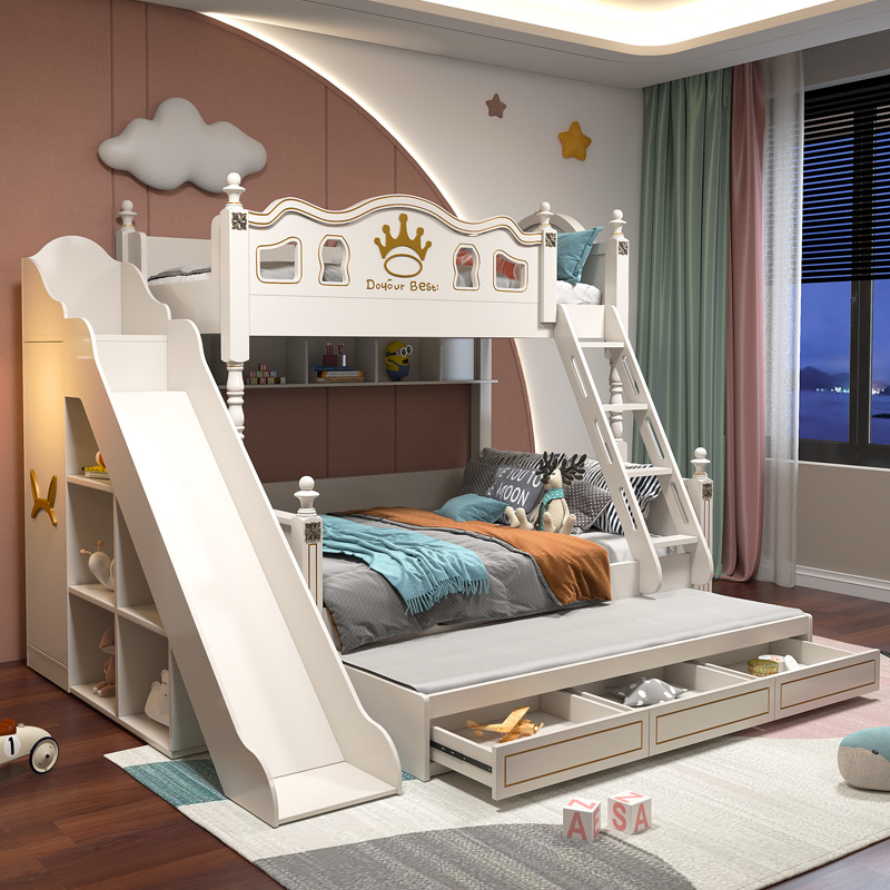 儿童滑梯床美式高低床上下床多功能子母上下梦幻双人双层床带滑梯