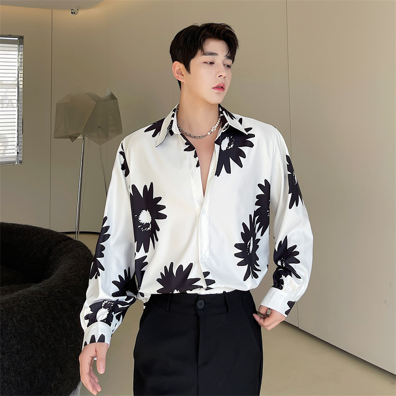 灯笼袖衬衫男式慵懒风文艺花朵黑白撞色印花衬衣垂感春秋长袖