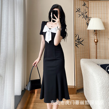 2607气质黑白蝴蝶结拼接显瘦连衣裙长款平时可穿-标价不得低于238