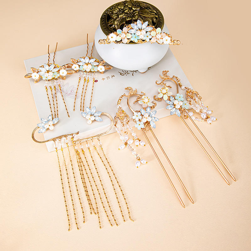 古风发饰汉服头饰耳饰套装超仙气发簪对钗步摇长流苏发冠古装配饰