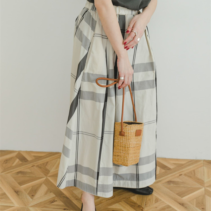 23 Spring and Summer Cotton and Linen Town U * R Plaid Elastic Waist A- line Skirt Deep Artistic Loose Mid-Length Skirt