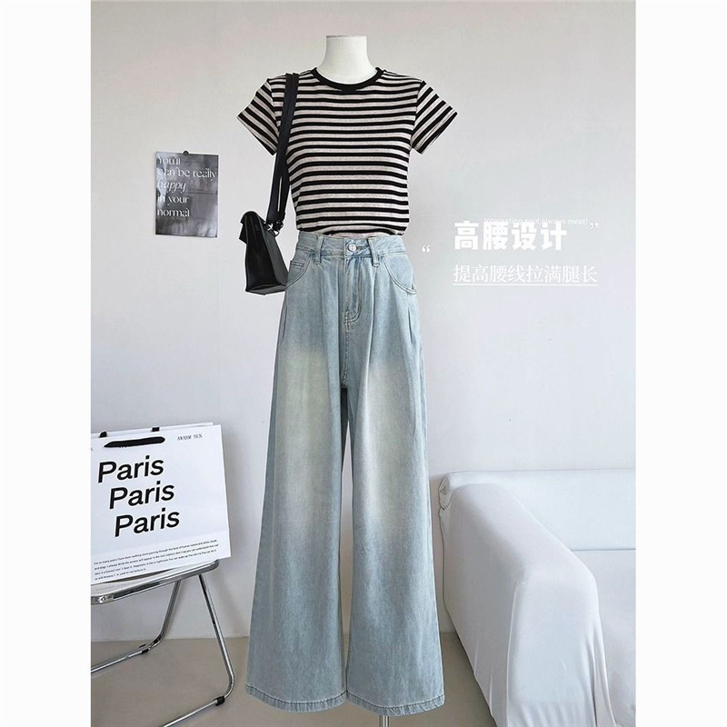 distressed high waist wide leg jeans for women new loose slim fit slimming pleated design all-matching slim fit straight pants