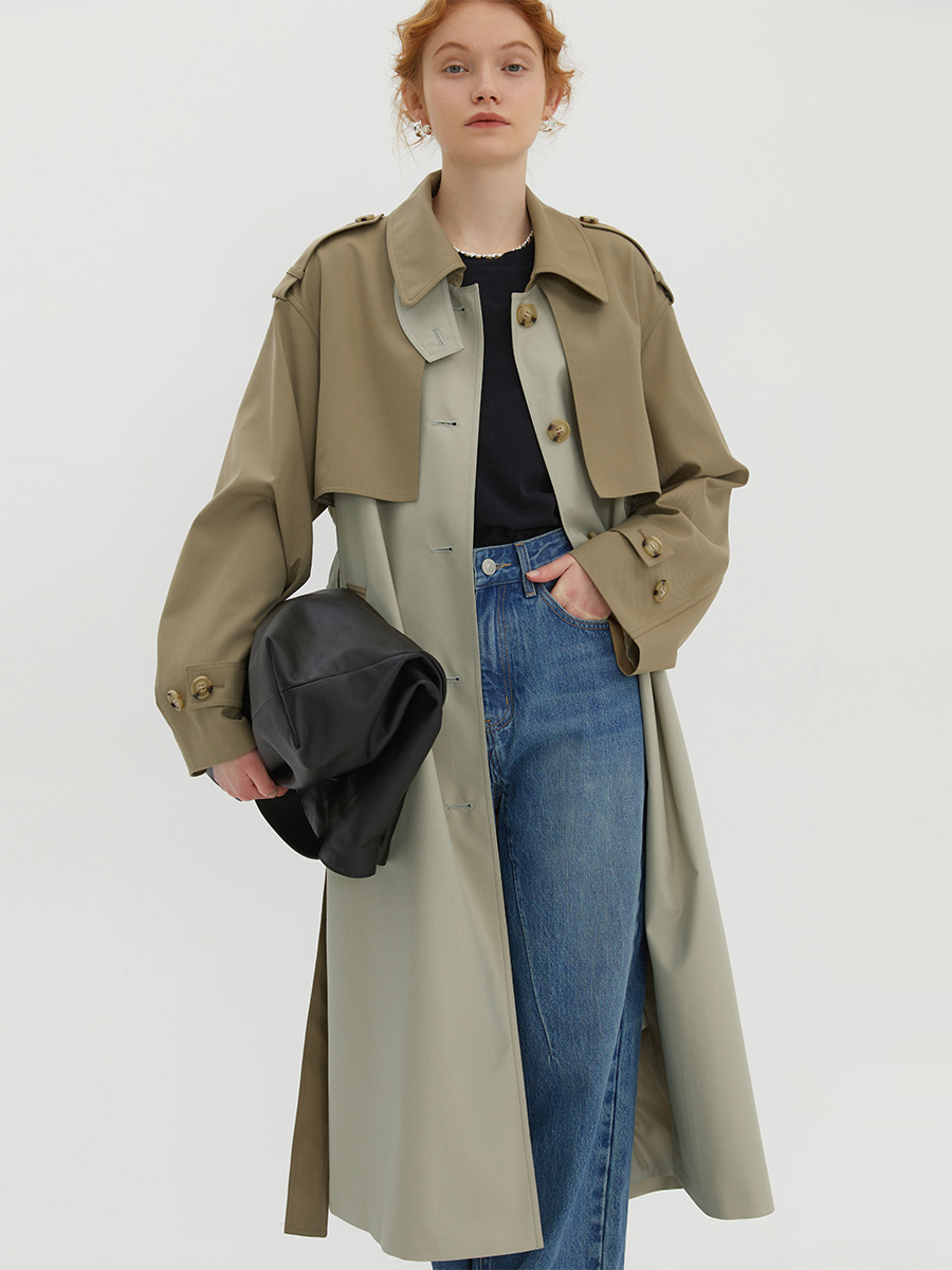 范洛2024春季新款风衣女撞色假两件设计感英伦中长大衣外套小个子