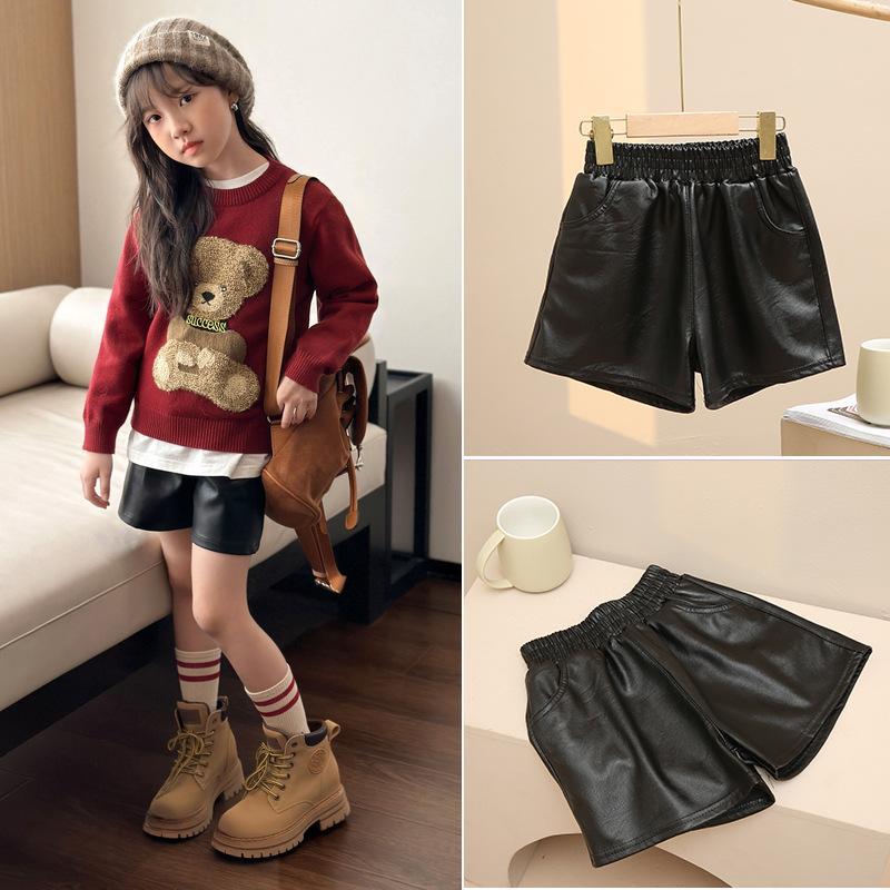 女童皮短裤外穿洋气2023新款黑色大童12-15岁8儿童秋冬短裤皮裤