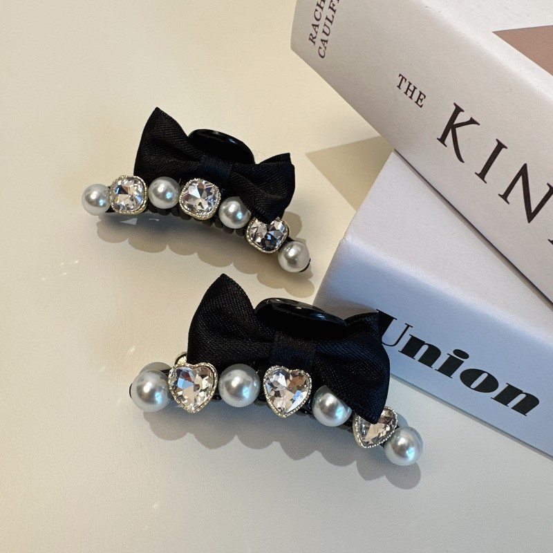 Korean Retro High-Grade Pearl Bow Medium Shark Clip Sweet Elegance Shiny Rhinestone Classic Style Grip