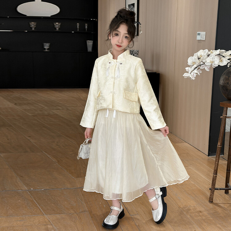 儿童服装女童新中式盘扣套装裙子国风大童春季纱裙两件套跨境代发