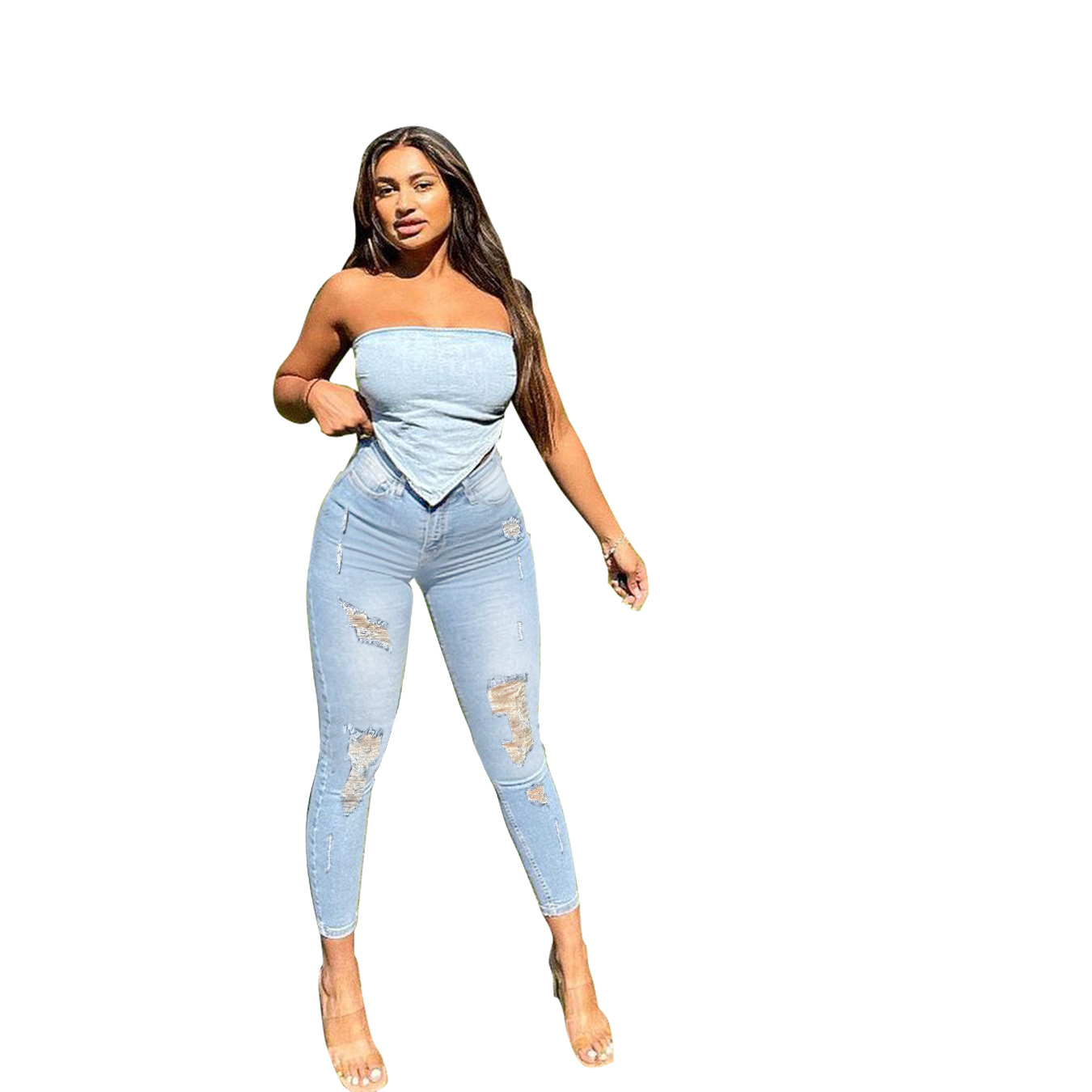 M216 Women's Pants AliExpress Amazon European and American Personalized Ripped Jeans Solid Color High Waist Slim Fit Ankle Tight Trousers