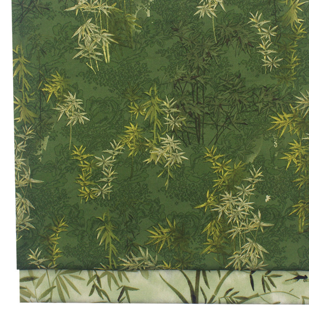 破卡平纹缎印花国风墨绿色竹叶雪纺印花布女衬衫连衣裙旗袍裙面料