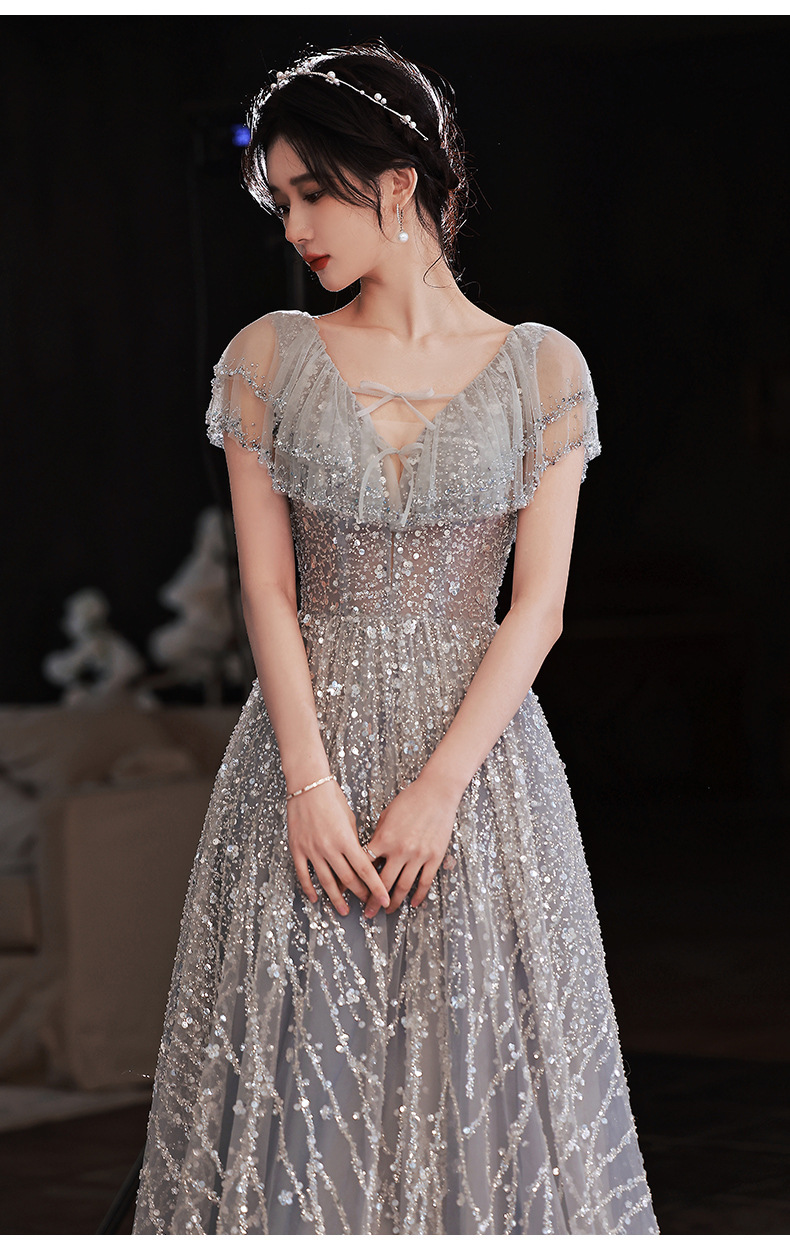 晚礼服2021新款灰色轻奢年会生日主持人礼服小个子伴娘裙气质长款