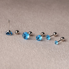 蓝色四爪锆石耳环女925纯银气质小耳钉螺丝迷你创意设计耳饰E9802