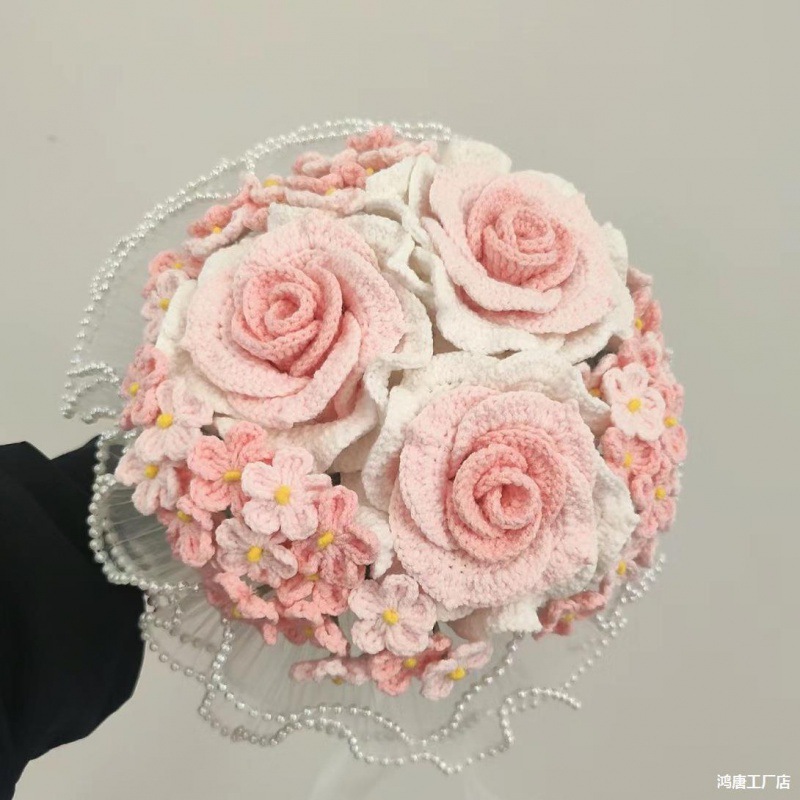 手工编织diy泰国玫瑰花束针织花自制材料包超大玫瑰花手捧花成品