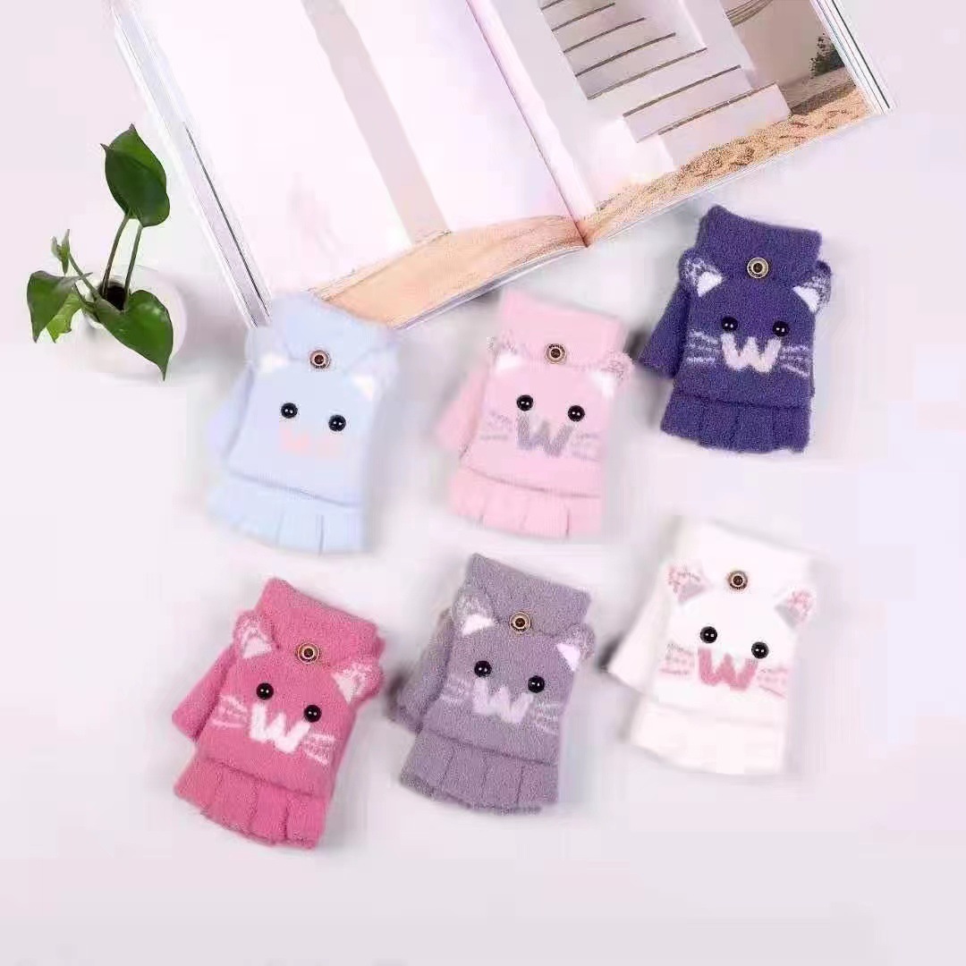 Lovely Cat Design HalfFinger Gloves Cartoon Gloves for Women Girls Winter Warm Knit Gloves Convertible Mittens Flap Cover Gloves