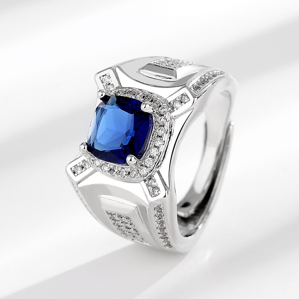 直播跨境热销男款彩宝钻戒仿天然蓝宝石男士戒指坦桑色男生戒指环