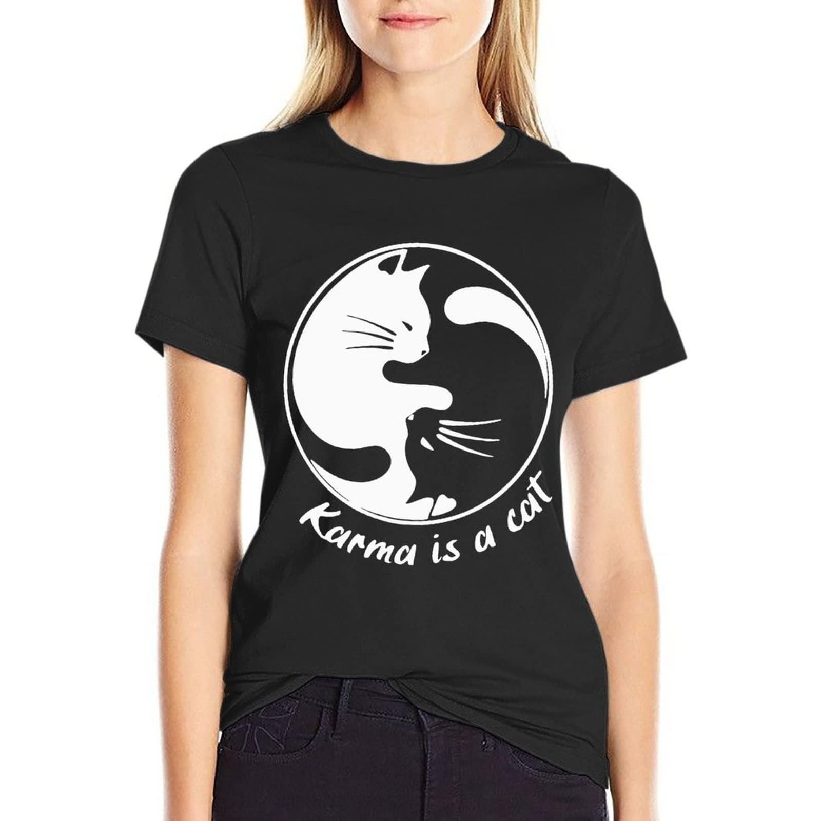 欧美短袖春夏季新款时尚休闲百搭太极猫咪图案印花女款短袖t恤