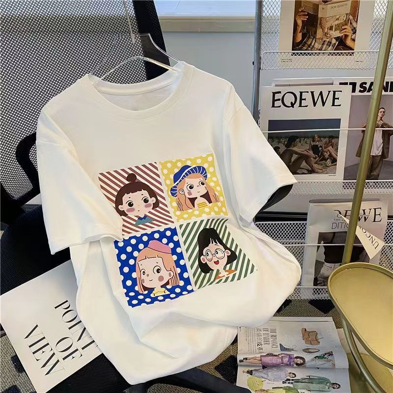  Women's Short-Sleeved T-shirt Ins Simple Style Cotton Half Sleeve 2023 Summer Korean Style oose Mid-ength T-shirt All-Matching Top