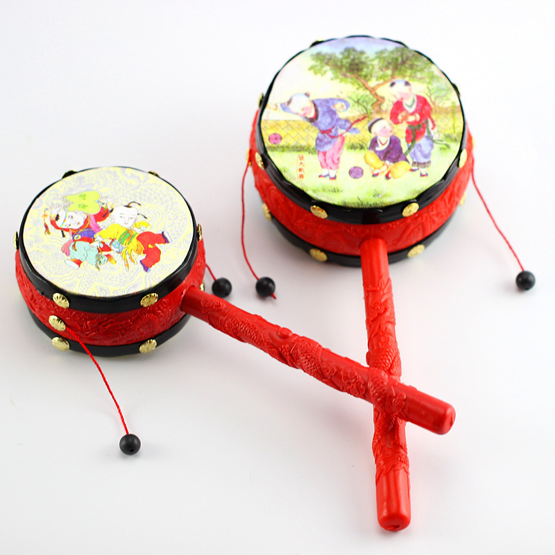 新款木质大号手摇鼓拨浪鼓玩具 婴幼儿早教摇摇鼓摆饰地摊批发