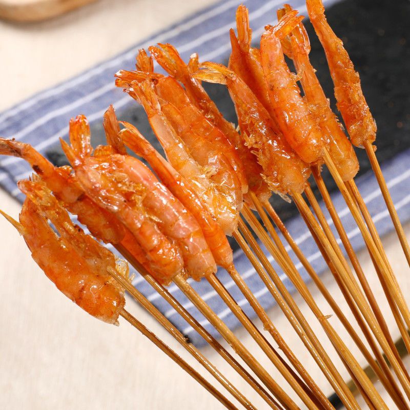 凤尾虾小串鲜虾串青虾小串商用烧烤油炸铁板海鲜手把串去头青虾串