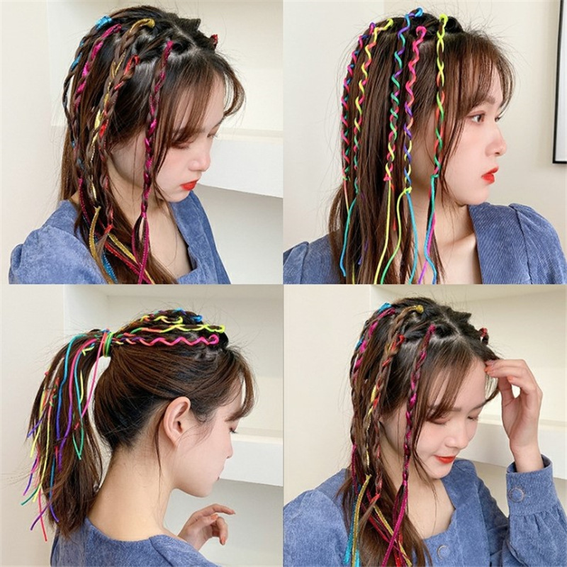 编发彩绳七彩色儿童编发绳马尾彩带森系头饰混色
