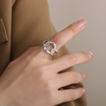 山本银 s925银韩版个性圆弧型拉丝戒指女小众设计轻奢风开口指环