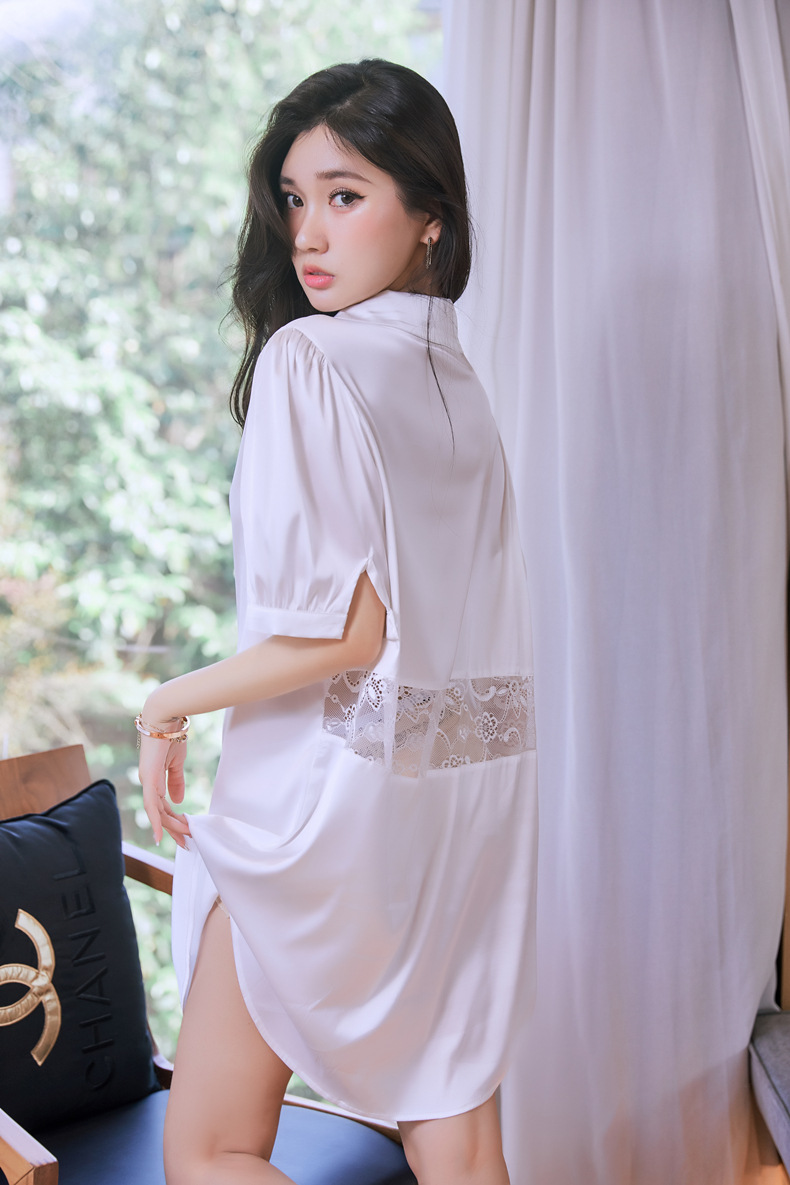 冰丝睡衣女夏季薄款后背蕾丝性感丝滑短袖睡裙宽松开衫家居服夏