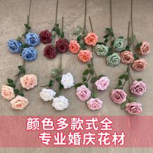 婚庆仿真花假花3头油画钻石玫瑰批发婚礼堂装饰路引花排插花花艺