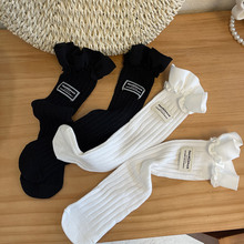 hotmoon日系新品太空棉花边字母标女儿童宽条棉袜可爱宝宝中筒袜