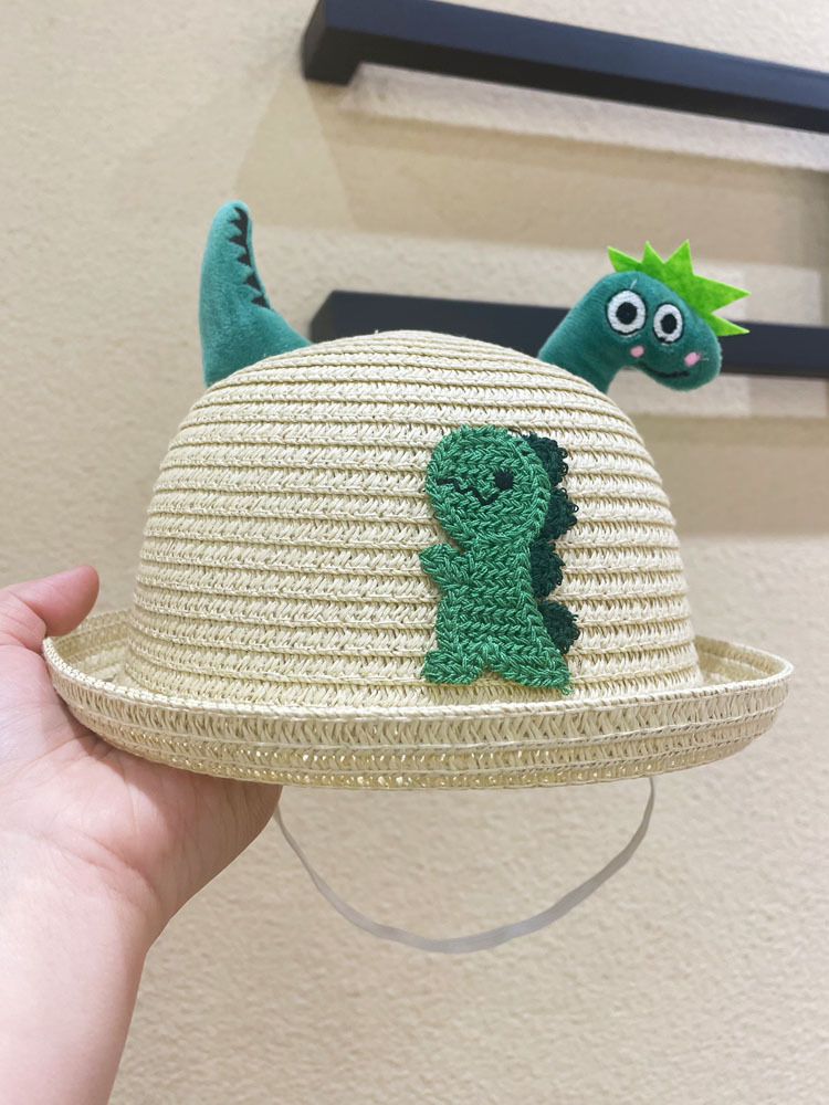 Cute Children's Straw Hat Children's Summer Korean Style Sun-Proof Baby Sun Hat Boy Dinosaur Cartoon Bucket Hat