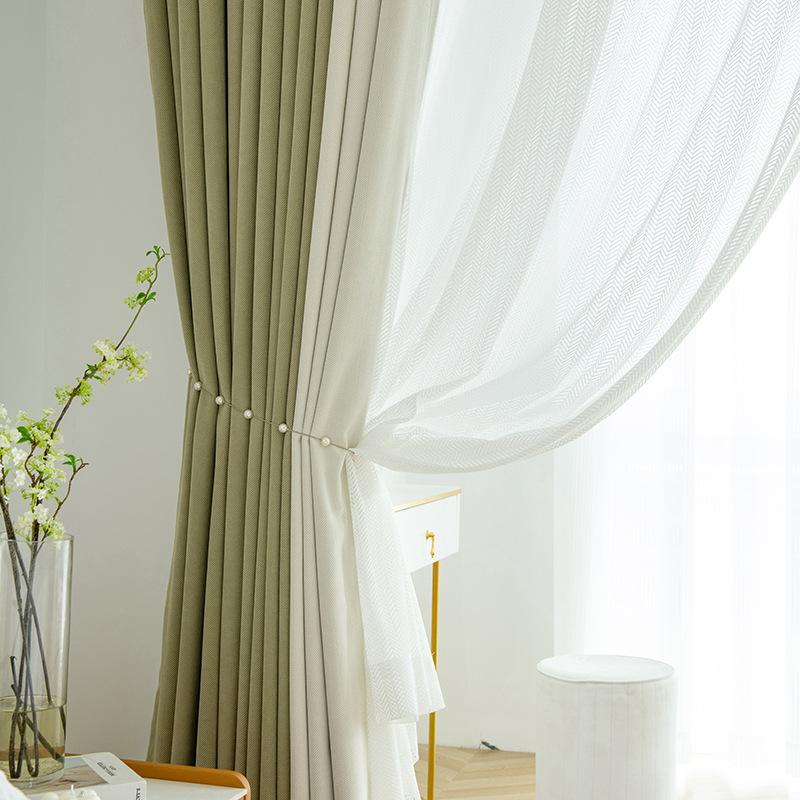 新品人字尼奶油法式窗帘网红清新素色ins风拼接布帘卧室主卧客厅