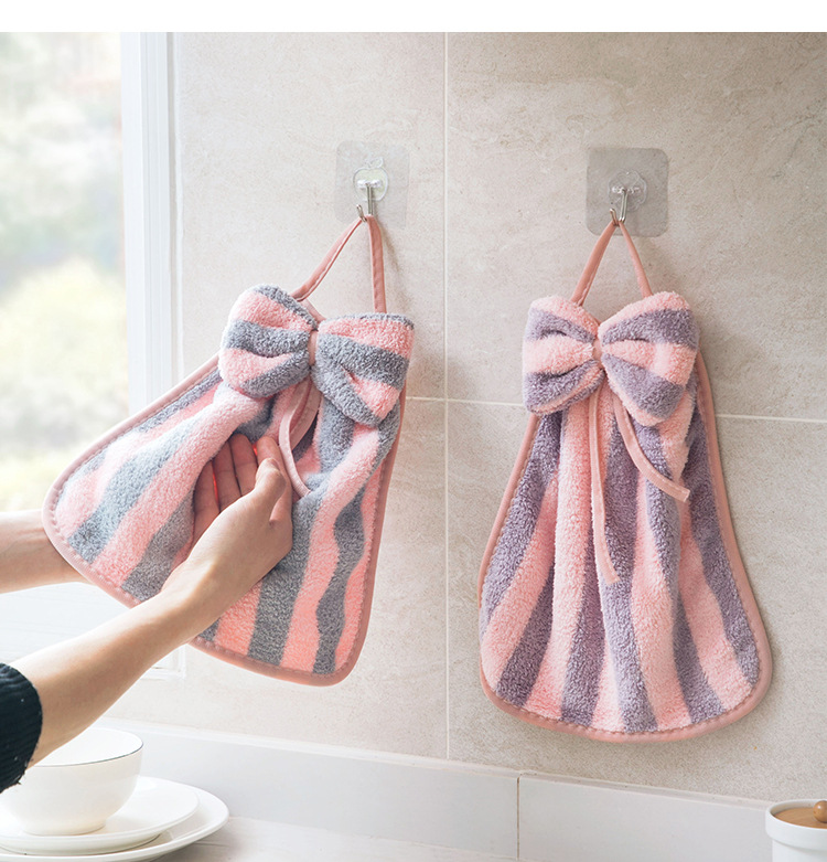 可爱蝴蝶结擦手毛巾 家用挂式抹手巾吸水易清洗抹布珊瑚绒洗手帕