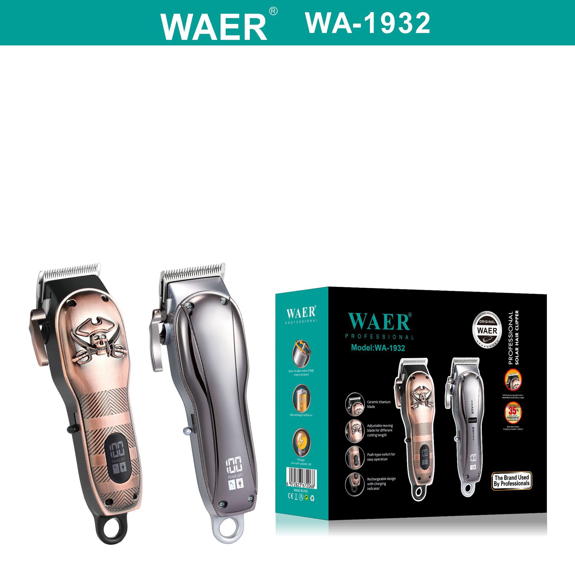 Cross-Border Waer Digital Display Rechargeable Electric Hair Cutter Gold Household Electric Clippers Hair Clipper Adjustable Electrical Hair Cutter