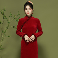 清仓不退换 旗袍冬季复古中国风雪尼尔酒红色连衣裙230603