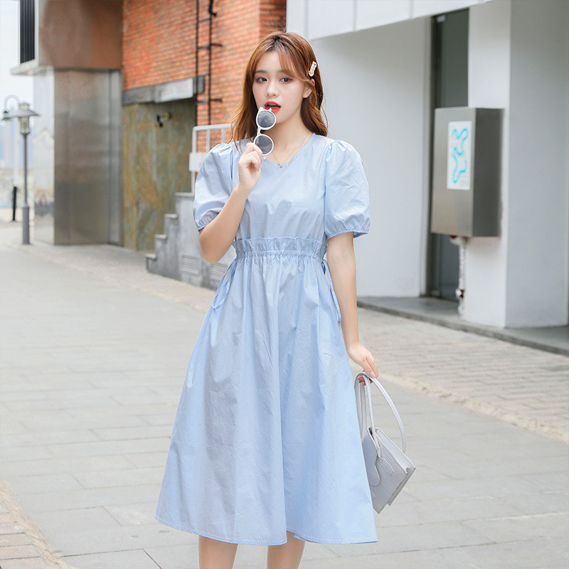 夏季连衣裙女装法式轻熟风纯棉中长款抽绳收腰纯色短袖连衣裙2023