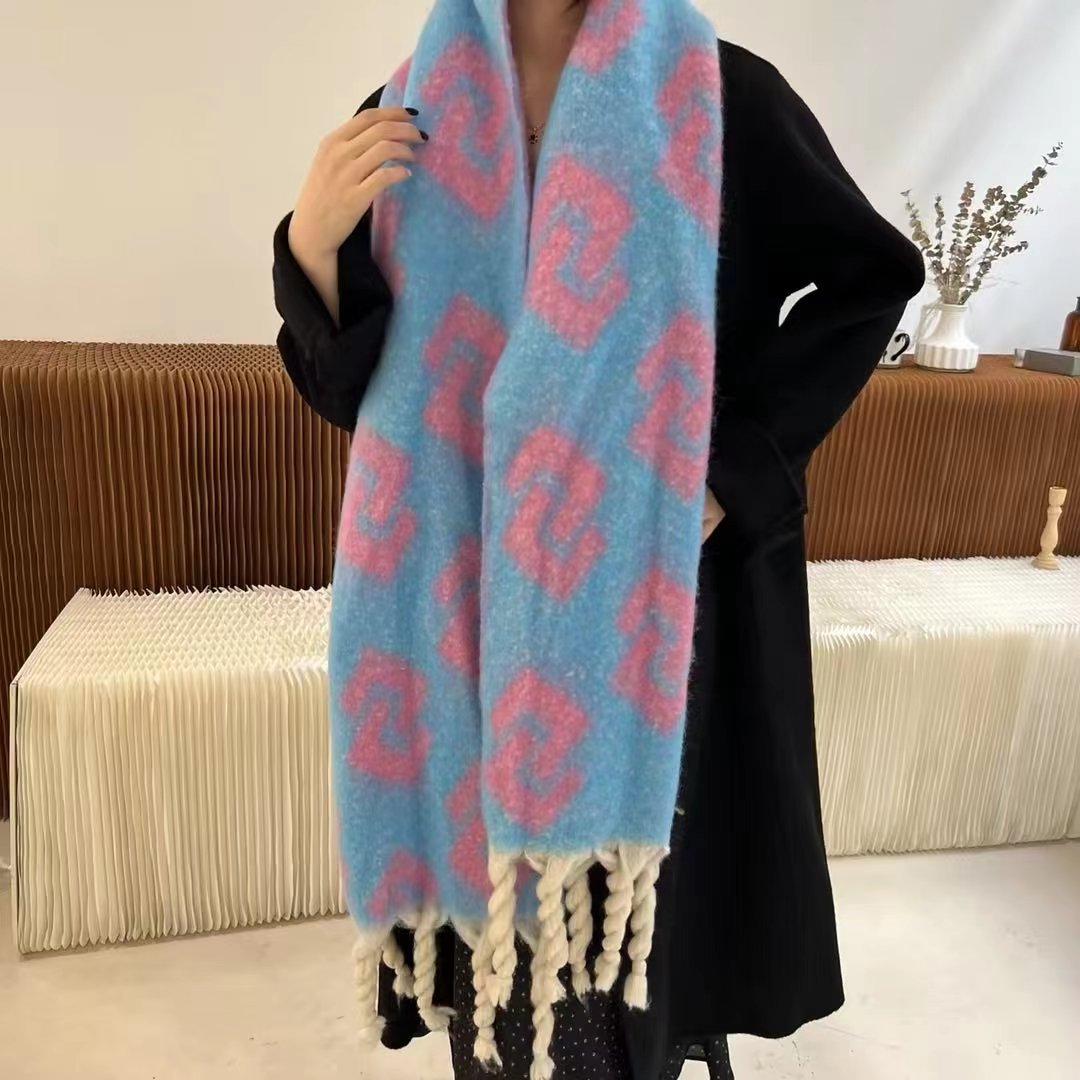 Autumn and Winter New CC Letter Handmade Scarf Female Student Cashmere-like Thickened Warm Mohair Bib Shawl