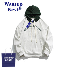 WASSUP NEST加大版帽型美式字母连帽卫衣男春秋新款宽松上衣外套