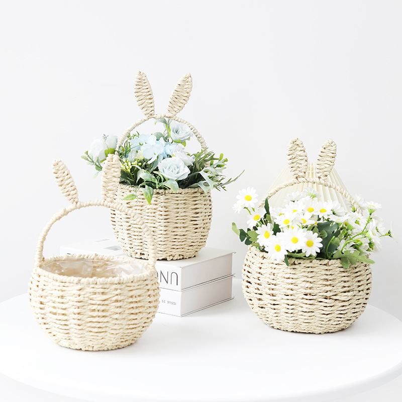 复活节篮子装饰兔子耳朵摆件幼儿园环创创意手提编织拍照道具花篮
