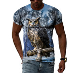 欧美亚马逊外贸夏季休闲圆领短袖猫头鹰图案3D印花仿棉男士T恤