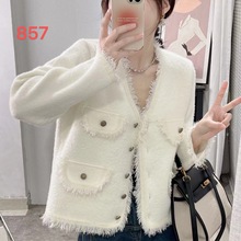 时尚小香风小个子短款外套女显瘦百搭流苏假口袋仿水貂毛针织开衫