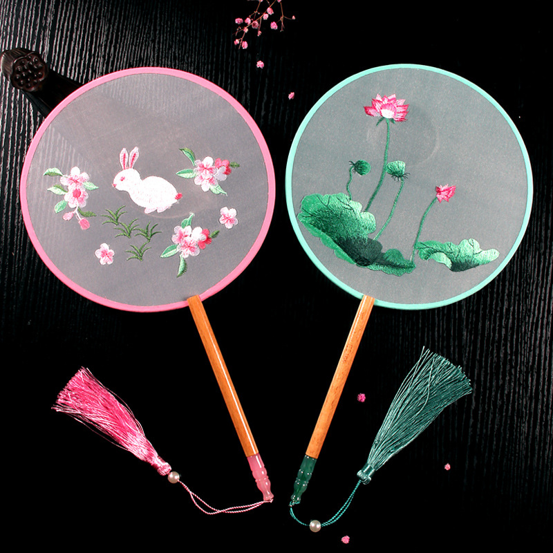 古风刺绣团扇女中国风复古旗袍秀宫扇儿童汉服圆形透明小扇子夏天