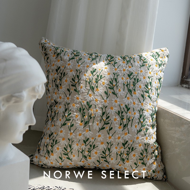 Nordic Instagram Style Fresh Sofa Bay Window Tufted Cushion Living Room 100% Cotton Canvas Embroidered Little Daisy Pillow Cover