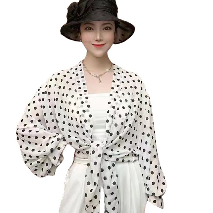 New Sunscreen Chiffon Shawl Women's All-Match Wide Sleeve Sun Protection Clothing Lace-up Printed Ice Silk Shawl Temperament Small Waistcoat