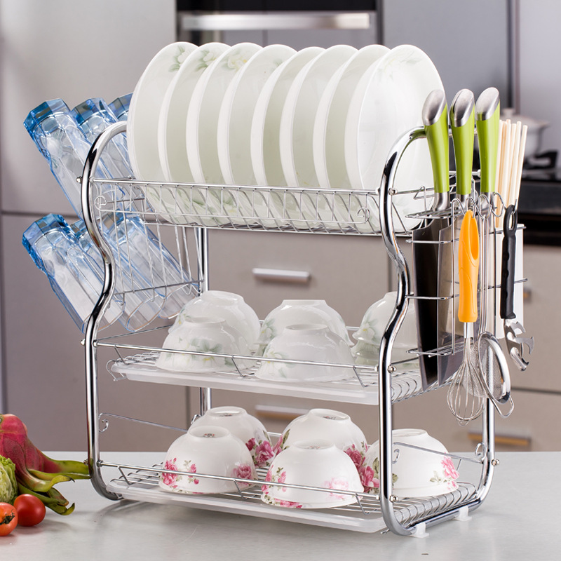 Three-Layer Thickened Dish Rack Kitchen Storage Rack Storage Rack Bowl Rack Plate Storage Knife Rack Chopping Board Rack Factory Wholesale