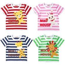 miki24新夏款日系中小男女儿童装卡通四色动物好朋友条纹短袖T恤