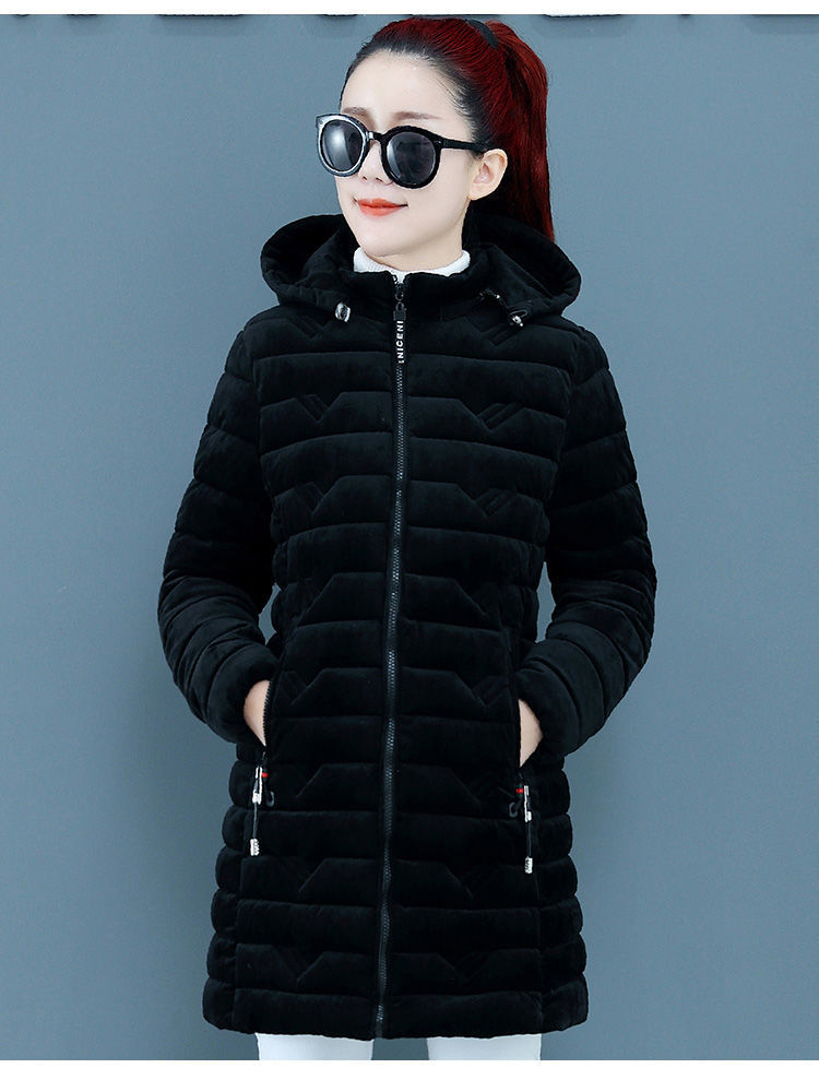 灯芯绒加绒棉服女冬装新款修身加厚羽绒棉袄子中长款工装棉衣外套