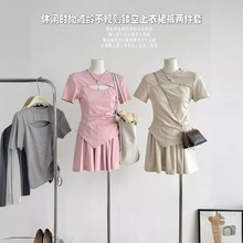 韩系休闲时尚套装女夏季不规则镂空短袖T恤上衣+高腰裙裤两件套