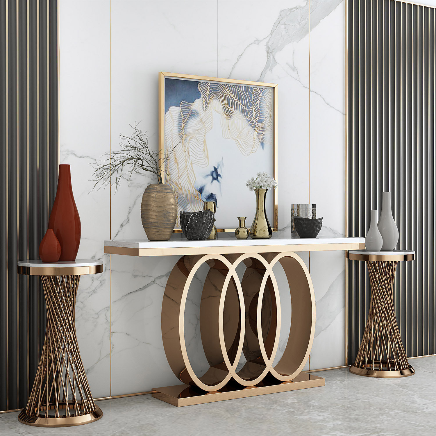 欧式玄关桌不锈钢现代简约端景柜酒店走廊靠墙装饰柜台轻奢玄关台