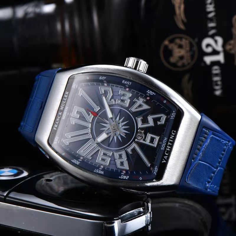 fm酒桶形休闲手表 黑色皮带简约日历机械表 法兰克防水机械表