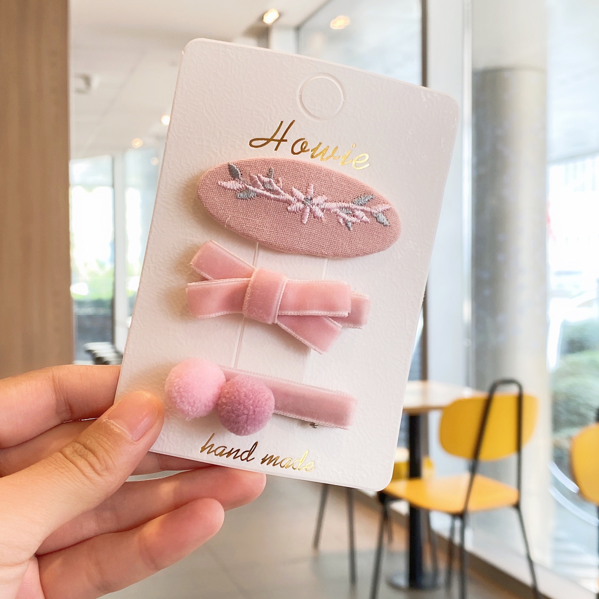 韩版秋冬丝绒蝴蝶结发夹渐变毛球发卡刺绣椭圆bb夹儿童3件套发饰