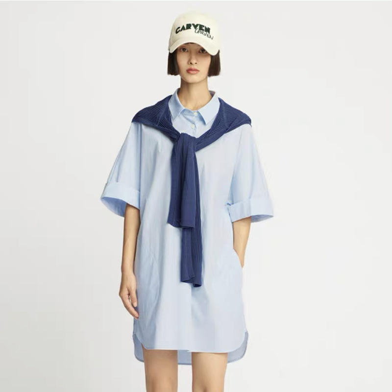 四媛  2022春夏新品polo领宽松中性风时髦短袖衬衫式连衣裙女裙子