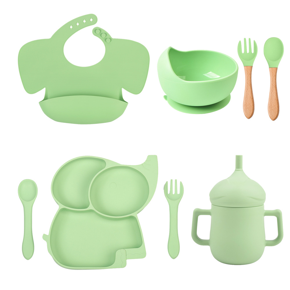 Elephant Grid Children‘s Tableware Set Baby Food Supplement Plate Baby Spork Integrated Children Silicone Plate